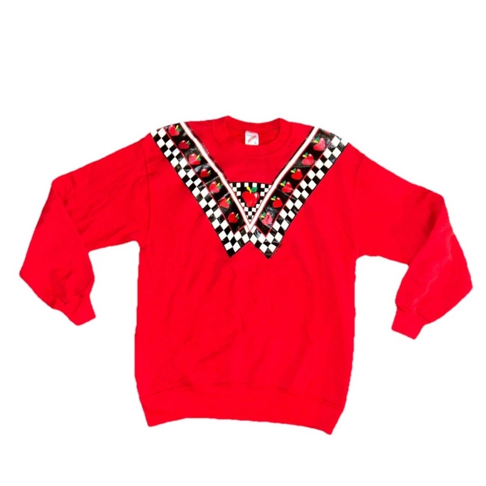 1991 Jerzees Crewneck Sweater Apples And Checkers Large Vintage Made in USA